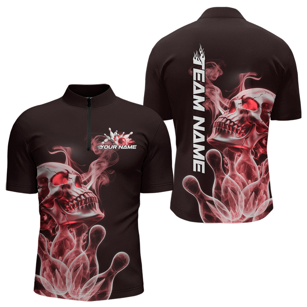 Custom Red Flame Smoke Skull Bowling Quarter-Zip Shirts For Men, Halloween Bowling Outfit IPHW9495