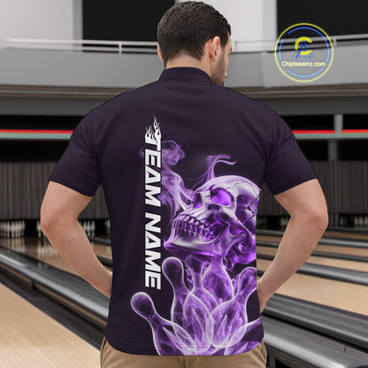 Custom Purple Flame Smoke Skull Bowling Quarter-Zip Shirts For Men, Halloween Bowling Outfit IPHW9496