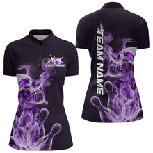 Load image into Gallery viewer, Custom Purple Flame Smoke Skull Bowling Women Quarter-Zip Shirt, Halloween Bowling Outfit IPHW9496