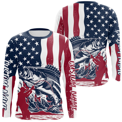 Custom Patriotic Largemouth Bass Long Sleeve Fishing Shirt, American Flag Fishing Jerseys IPHW9152