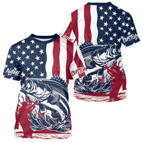 Custom Patriotic Largemouth Bass Fishing T-Shirt, American Flag Fishing Jerseys IPHW9152