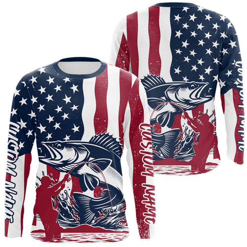 Custom Patriotic Walleye Long Sleeve Fishing Shirt, American Flag Fishing Jerseys IPHW9153