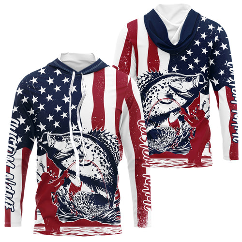 Custom Patriotic Crappie Long Sleeve Hooded Fishing Shirt, American Flag Fishing Jerseys IPHW9154