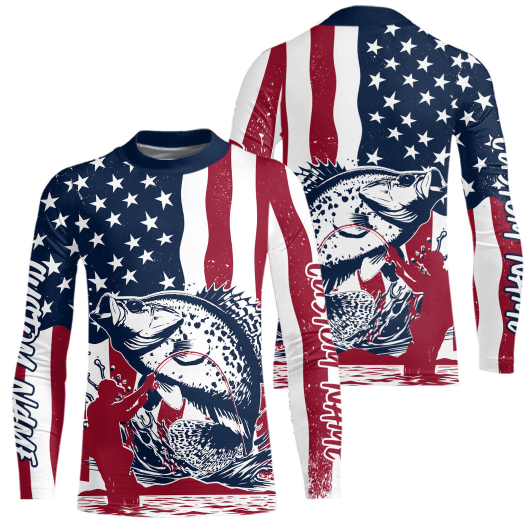 Custom Patriotic Crappie Kid Long Sleeve Fishing Shirt, American Flag Fishing Jerseys IPHW9154