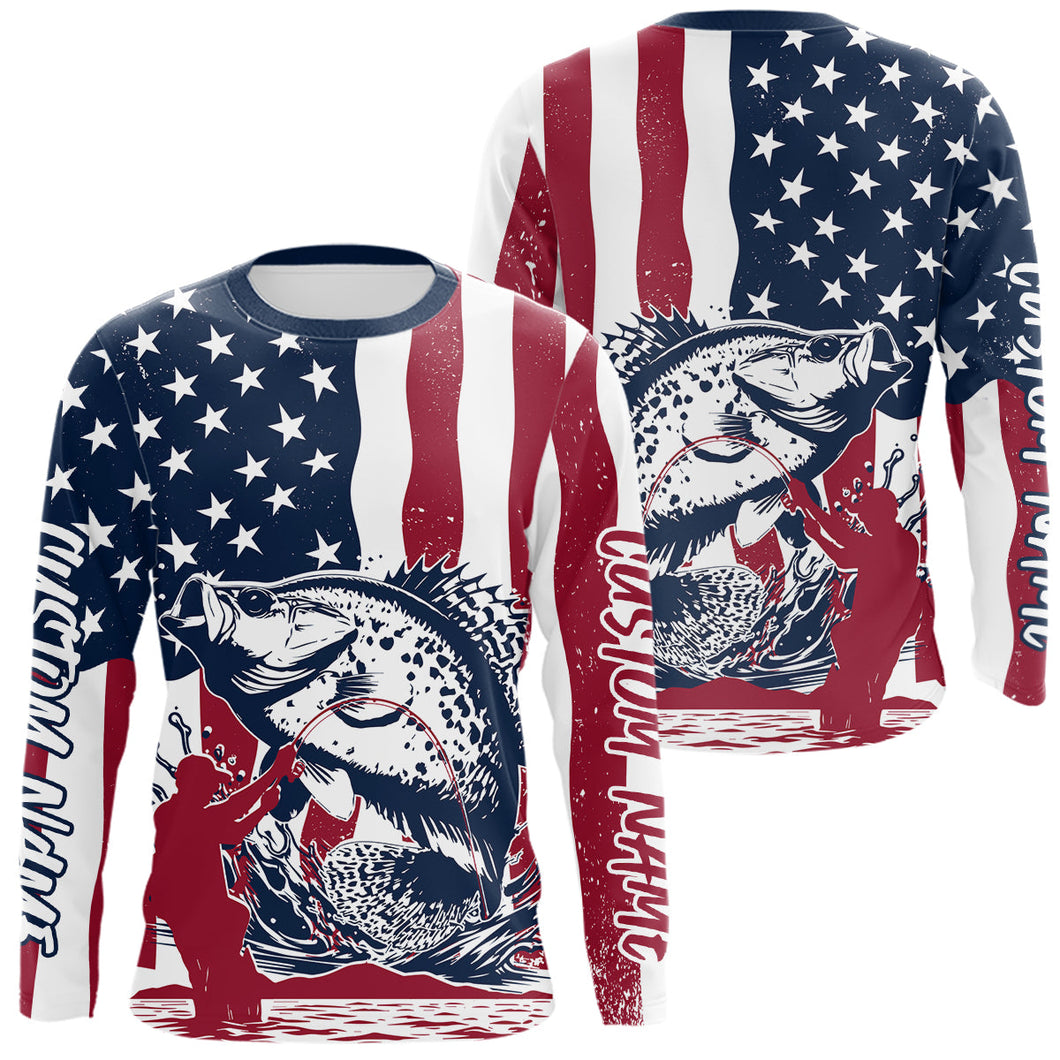 Custom Patriotic Crappie Long Sleeve Fishing Shirt, American Flag Fishing Jerseys IPHW9154