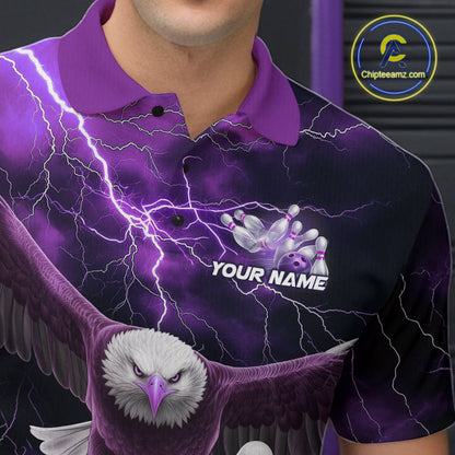 Custom Purple Thunder Lightning Eagle Bowling Polo Shirts For Men, Eagle Bowling Jerseys IPHW9365