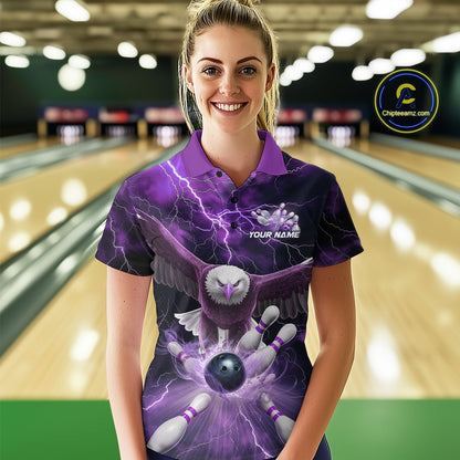 Custom Purple Thunder Lightning Eagle Bowling Polo Shirt For Women, Eagle Bowling Jerseys IPHW9365