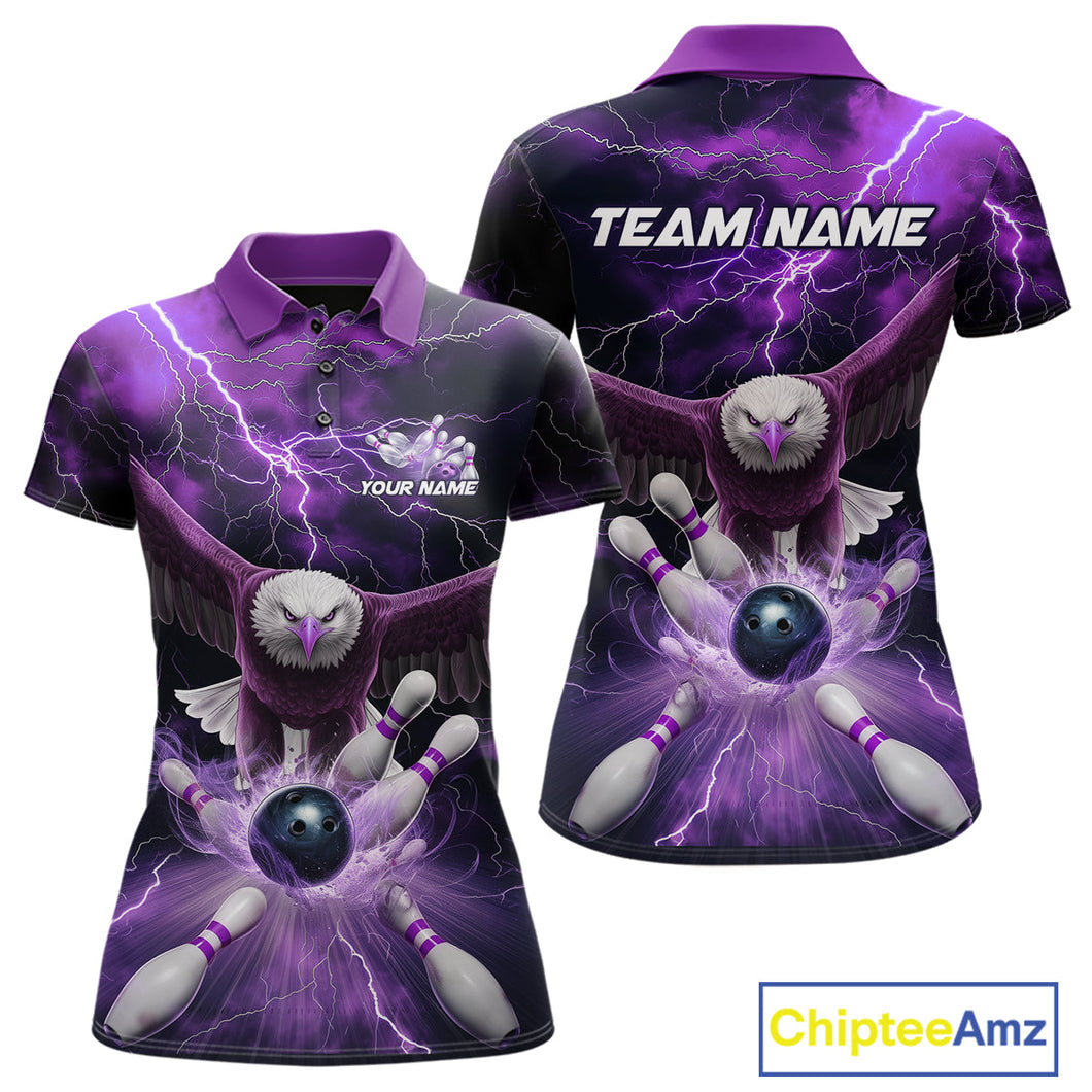 Custom Purple Thunder Lightning Eagle Bowling Polo Shirt For Women, Eagle Bowling Jerseys IPHW9365