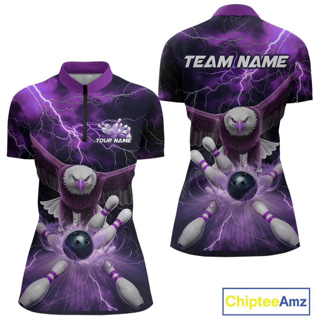 Custom Purple Thunder Lightning Eagle Bowling Women Quarter-Zip Shirts, Bowling Jerseys IPHW9365