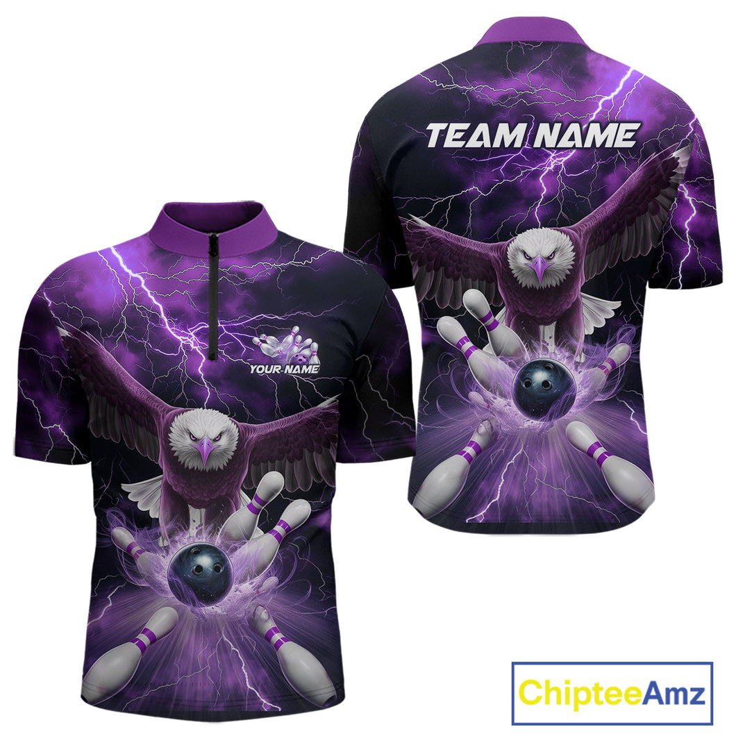 Custom Purple Thunder Lightning Eagle Bowling Quarter-Zip Shirts For Men, Eagle Bowling Jerseys IPHW9365