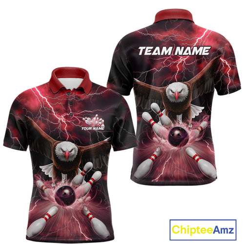 Custom Red Thunder Lightning Eagle Bowling Polo Shirts For Men, Eagle Bowling Jerseys IPHW9366