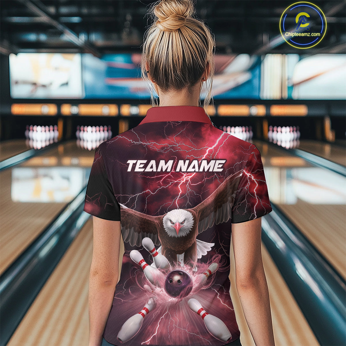 Custom Red Thunder Lightning Eagle Bowling Women Quarter-Zip Shirts, Bowling Jerseys IPHW9366