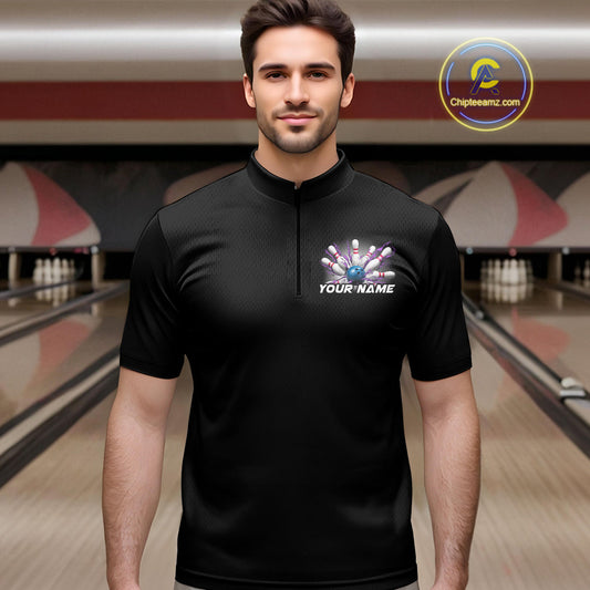 Custom Blue And Purple Bowling Team Quarter-Zip Shirts For Men, Bowling League Shirt IPHW9368