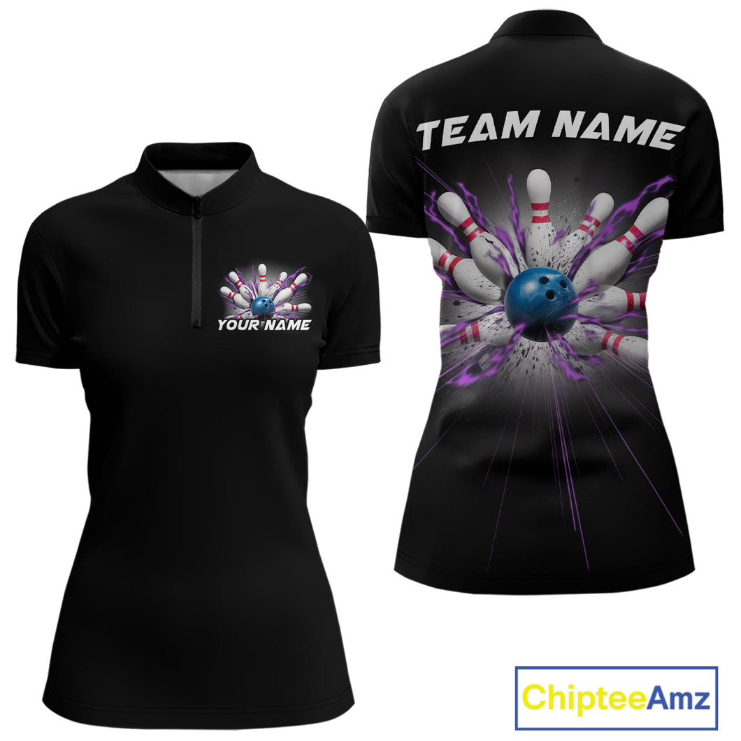 Custom Blue And Purple Bowling Team Women Quarter-Zip Shirts, Bowling League Shirt IPHW9368