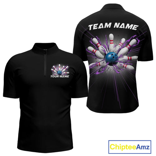 Custom Blue And Purple Bowling Team Quarter-Zip Shirts For Men, Bowling League Shirt IPHW9368