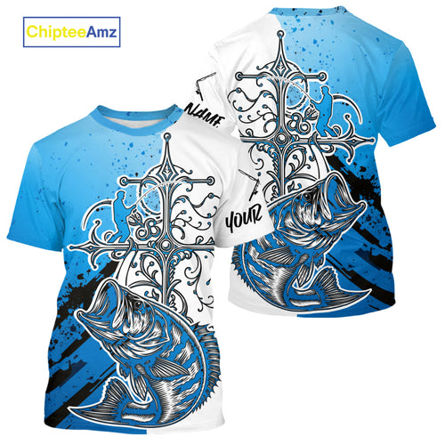 Custom Blue Camo Faith Largemouth Bass Tournament Fishing T-Shirts IPHW9185