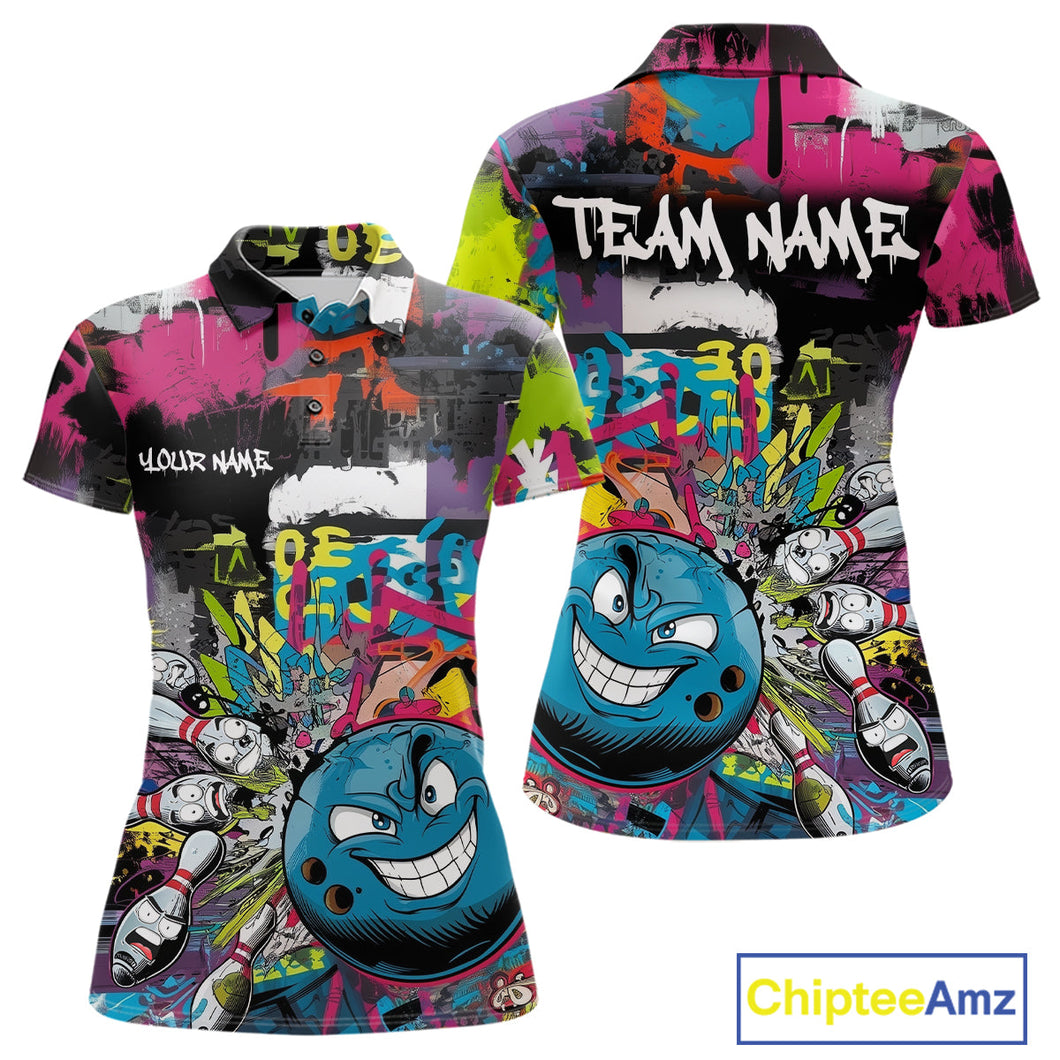 Custom Funny Graffity Colorful Bowling Polo Shirts For Women, Bowling Tournament Shirt IPHW9382