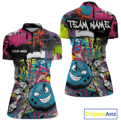 Custom Funny Graffity Colorful Bowling Women Quarter-Zip Shirts, Bowling Tournament Shirt IPHW9382