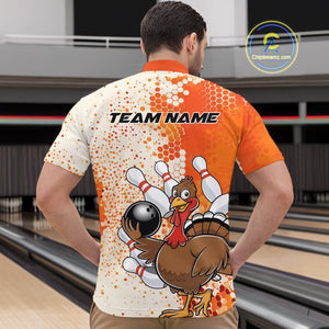 Custom Funny Orange Thanksgiving Turkey Bowling Team Men Quarter-Zip Shirts, Bowling Jerseys IPHW9767