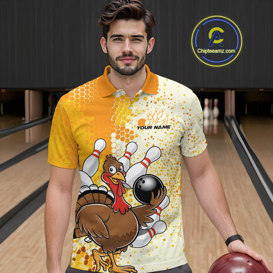 Custom Funny Yellow Thanksgiving Turkey Bowling Team Men Polo Shirts, Bowling Jerseys IPHW9768