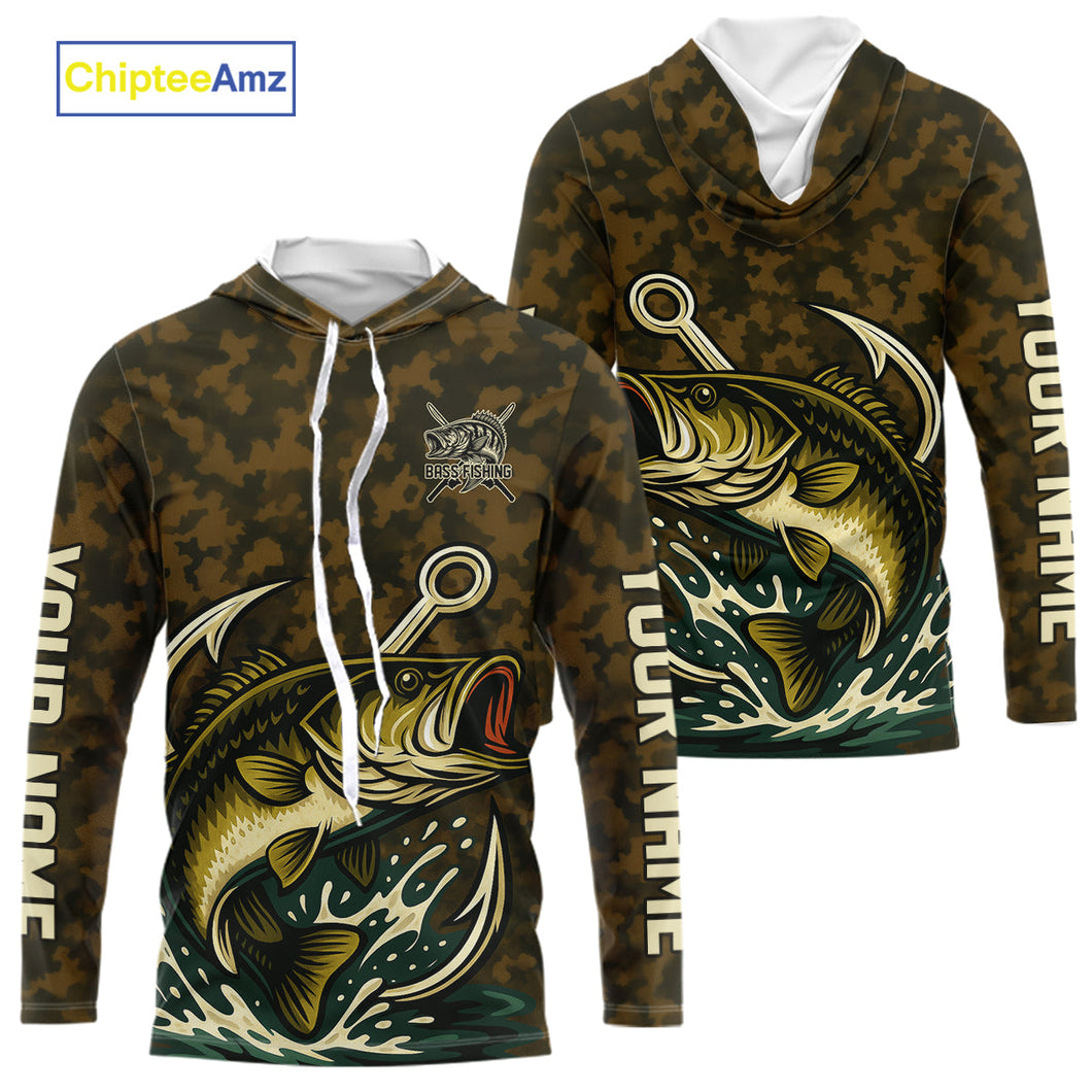 Custom Fish Hook Largemouth Bass Fishing Camo Long Sleeve Hooded Tournament Fishing Shirts IPHW9194