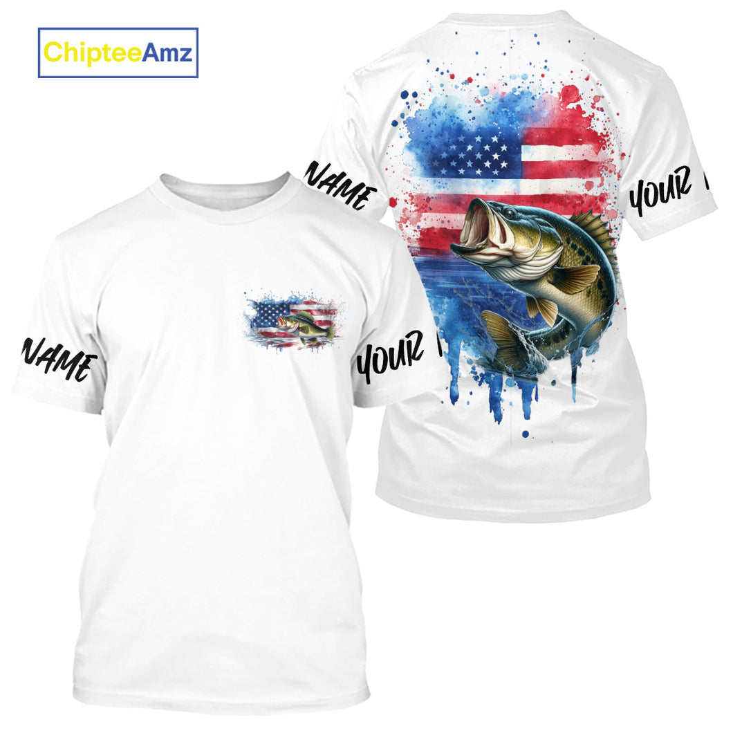 Custom Watercolor American Flag Patriotic Largemouth Bass Tournament Fishing T-Shirt IPHW9195