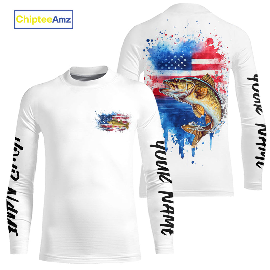 Custom Watercolor American Flag Patriotic Walleye Kid Long Sleeve Tournament Fishing Shirt IPHW9196