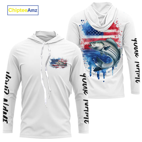 Custom Watercolor American Flag Patriotic Striped Bass Long Sleeve Hooded Tournament Fishing Shirt IPHW9197