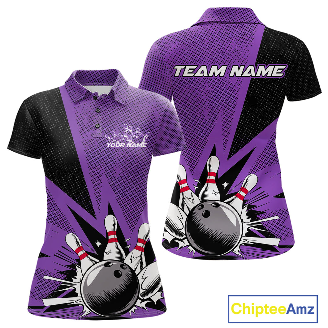 Custom Purple Bowling Jerseys, Bowling Team Women Polo Shirts Bowling League Shirt IPHW9391