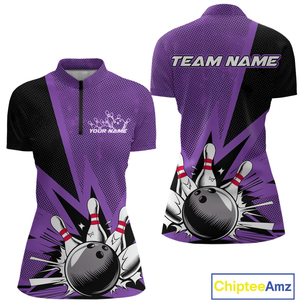Custom Purple Bowling Jerseys, Bowling Team Women Quarter-Zip Shirts Bowling League Shirt IPHW9391