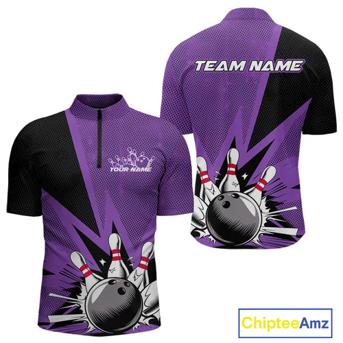 Custom Purple Bowling Jerseys, Bowling Team Men Quarter-Zip Shirts Bowling League Shirt IPHW9391