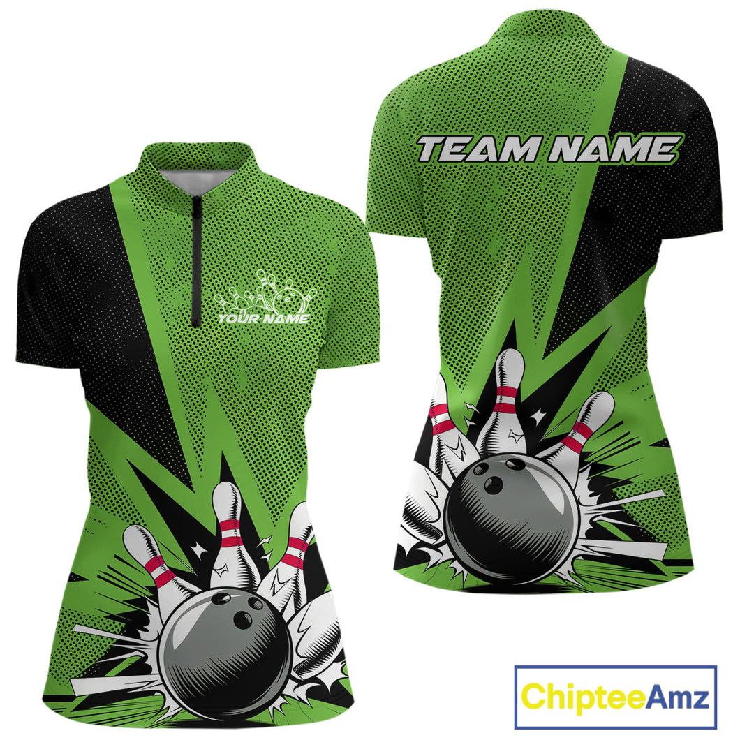 Custom Green Bowling Jerseys, Bowling Team Women Quarter-Zip Shirts Bowling League Shirt IPHW9392