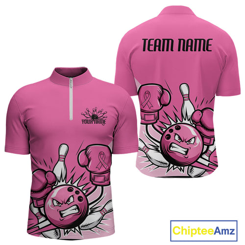 Custom Funny Pink Breast Cancer Bowling Men Quarter-Zip Shirt, Breast Cancer Fighter Jerseys IPHW9395