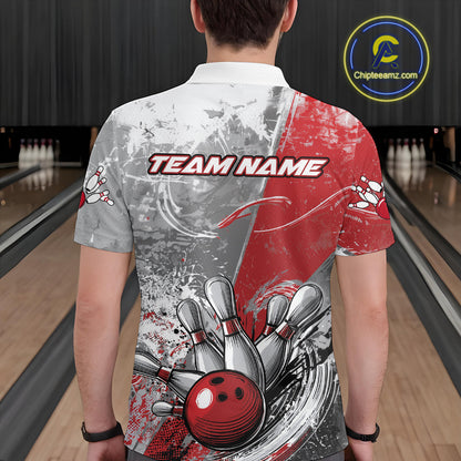 Custom Grunge Red Bowling Polo Shirts For Men, Distressed Vintage Bowling Team Shirts IPHW9550