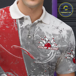 Custom Grunge Red Bowling Polo Shirts For Men, Distressed Vintage Bowling Team Shirts IPHW9550