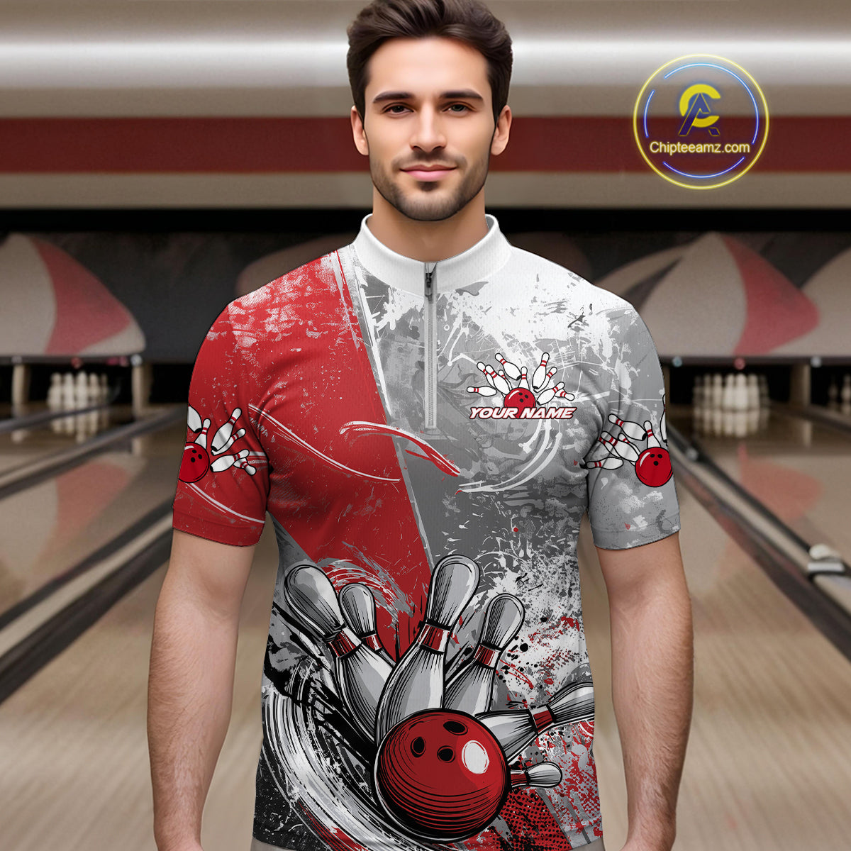 Custom Grunge Red Bowling Quarter-Zip Shirts For Men, Distressed Vintage Bowling Team Shirts IPHW9550