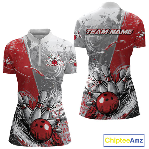 Custom Grunge Red Bowling Women Quarter-Zip Shirt, Distressed Vintage Bowling Team Shirts IPHW9550