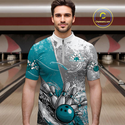 Custom Grunge Blue Bowling Quarter-Zip Shirts For Men, Distressed Vintage Bowling Team Shirts IPHW9551