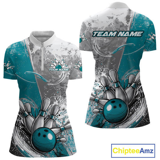 Custom Grunge Blue Bowling Women Quarter-Zip Shirt, Distressed Vintage Bowling Shirts IPHW9551