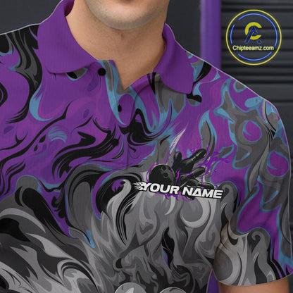 Custom Blue And Purple Fame Bowling Team Polo Shirts For Men, Fire Bowling Jerseys IPHW9559