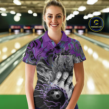 Load image into Gallery viewer, Custom Blue And Purple Fame Bowling Team Polo Shirts For Women, Fire Bowling Jerseys IPHW9559