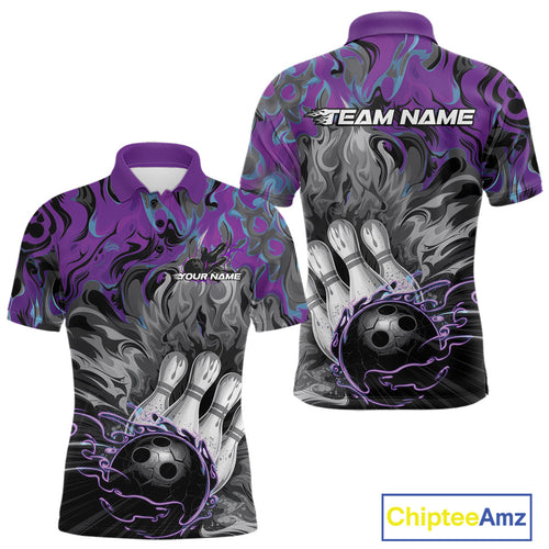 Custom Blue And Purple Fame Bowling Team Polo Shirts For Men, Fire Bowling Jerseys IPHW9559