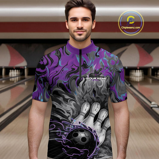 Custom Blue And Purple Fame Bowling Team Quarter-Zip Shirts For Men, Fire Bowling Jerseys IPHW9559