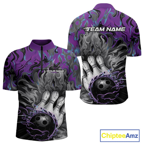 Custom Blue And Purple Fame Bowling Team Quarter-Zip Shirts For Men, Fire Bowling Jerseys IPHW9559