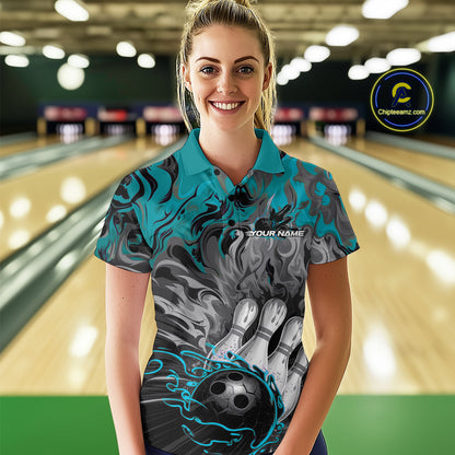 Custom Blue Fame Bowling Team Polo Shirts For Women, Fire Bowling Jerseys IPHW9560