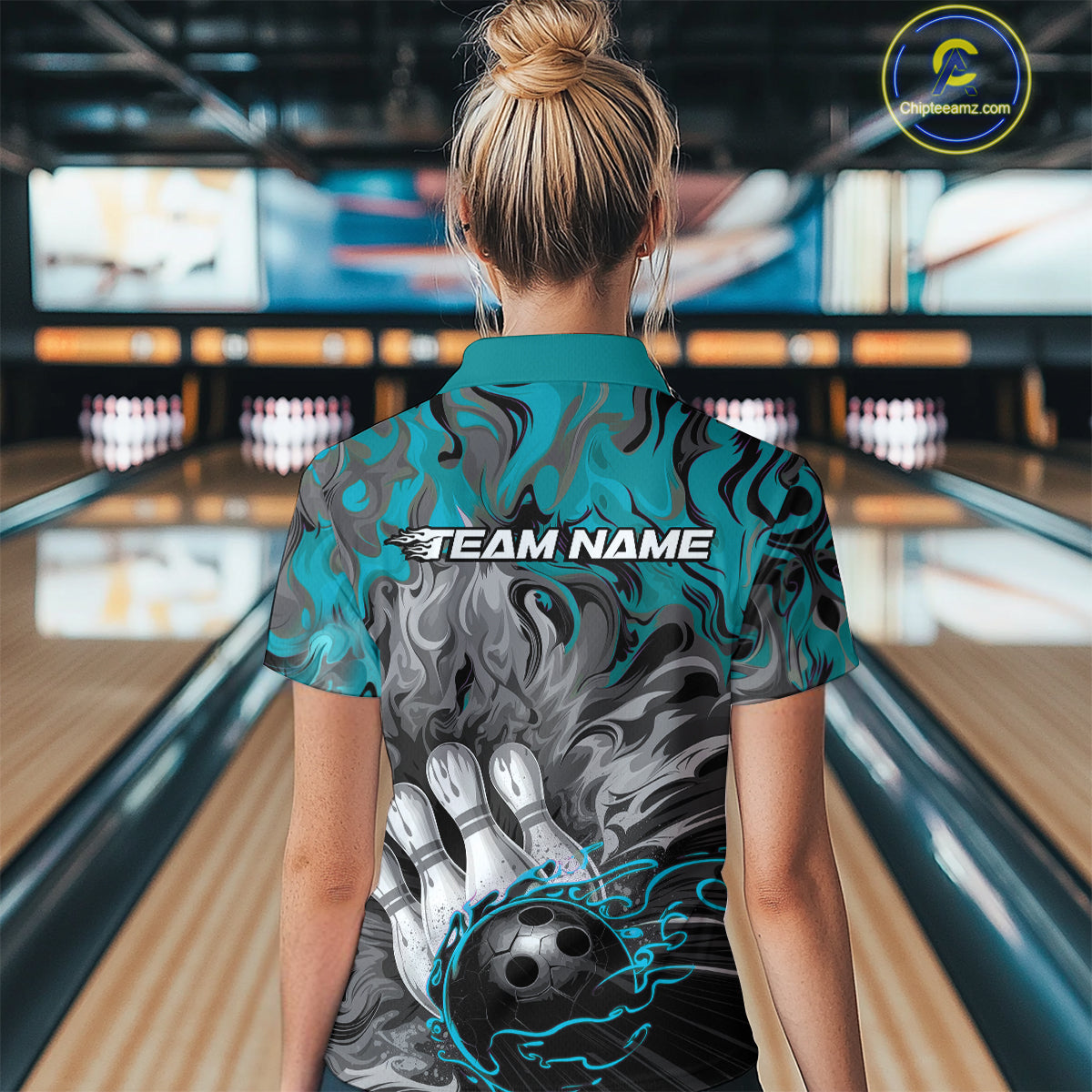Custom Blue Fame Bowling Team Polo Shirts For Women, Fire Bowling Jerseys IPHW9560