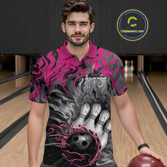 Custom Pink Flame Bowling Team Polo Shirts For Men, Fire Bowling Jerseys IPHW9561