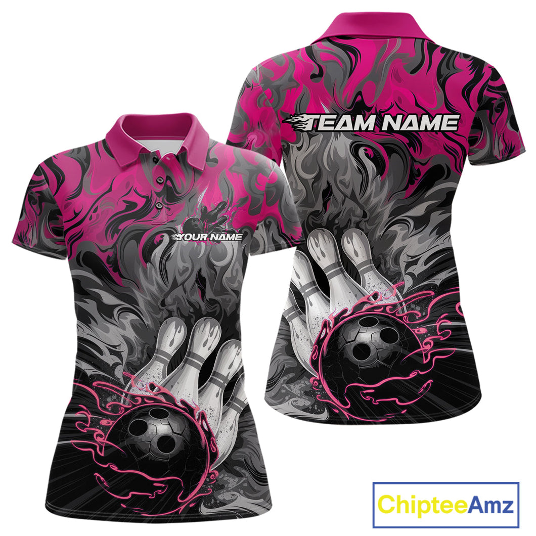 Custom Pink Flame Bowling Team Polo Shirts For Women, Fire Bowling Jerseys IPHW9561