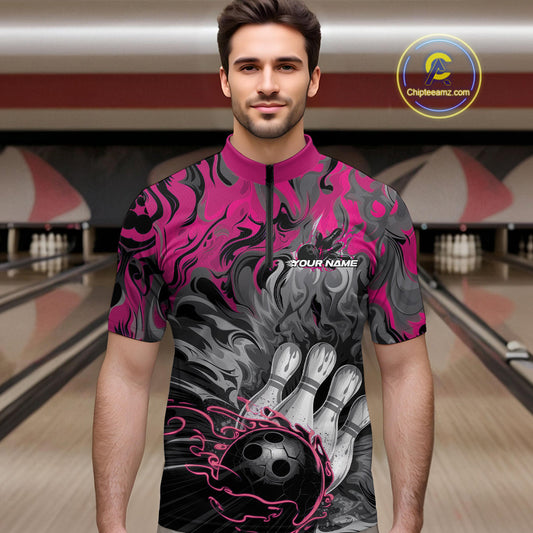 Custom Pink Flame Bowling Team Quarter-Zip Shirts For Men, Fire Bowling Jerseys IPHW9561