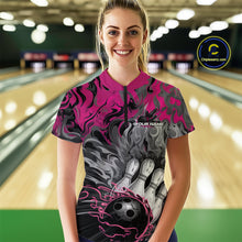 Load image into Gallery viewer, Custom Pink Flame Bowling Team Quarter-Zip Shirts For Women, Fire Bowling Jerseys IPHW9561